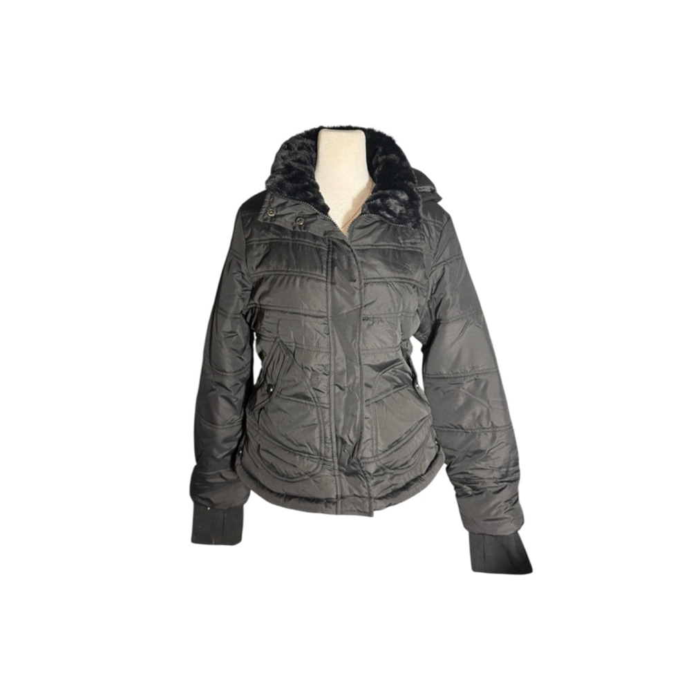 Size L Maralyn & Me Black Cold weather Winter puffer Jacket Faux Fur Collar